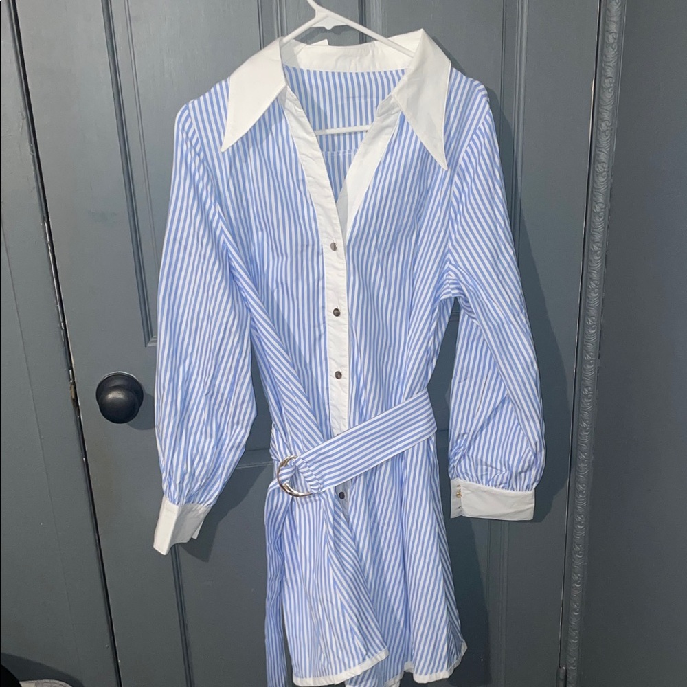 Blue & White Striped Shirt Dress with Belt